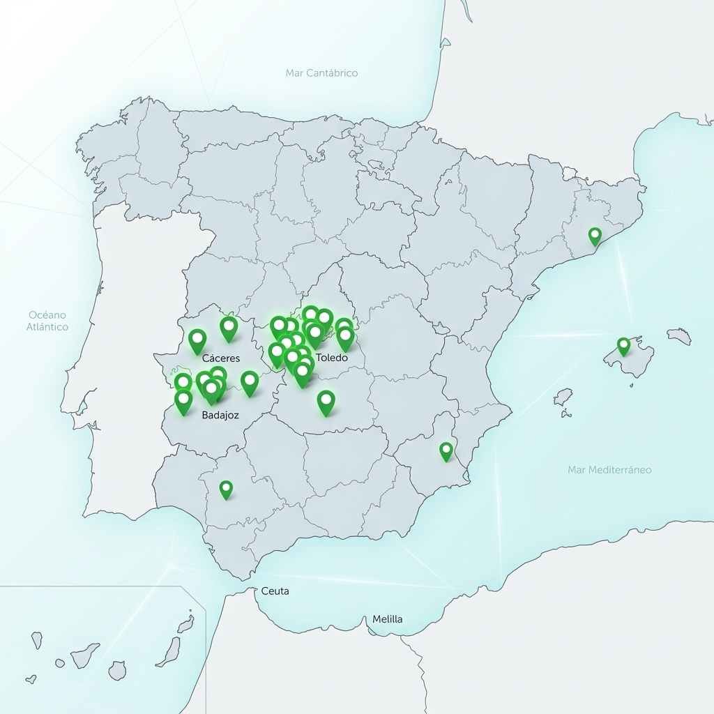 Mapa de zonas de actuación fotovoltaica en el centro y oeste de España